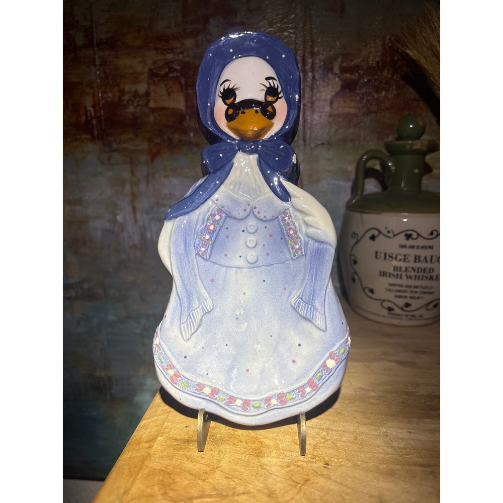 Vintage 1990 Sue Gorge Hand Painted Ceramic Goose Figurine Blue Polka Dot 9.5in